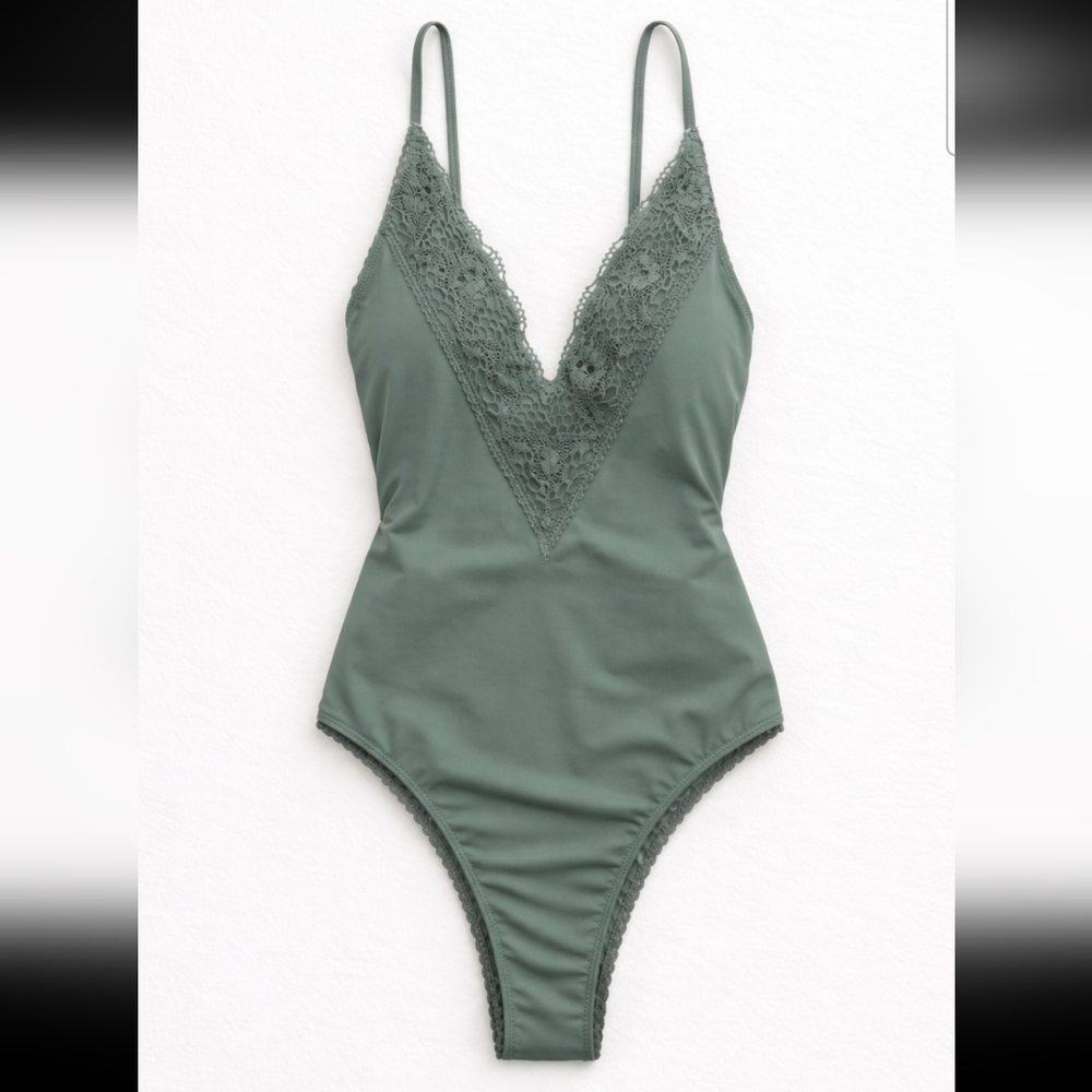 Aerie One Piece Swimsuit Sage Green Lace Plunge Bodysuit Size L